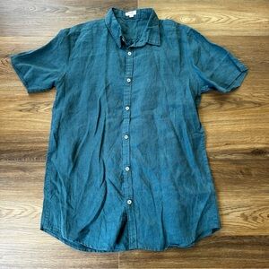 Threads by Bed Threads Shirt‎ Large Linen Teal Short Sleeve Button Down Solid